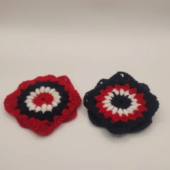 Handmade Crochet Red, White & Blue Acrylic Granny Square Patriotic Coasters - Picture 2 of 7